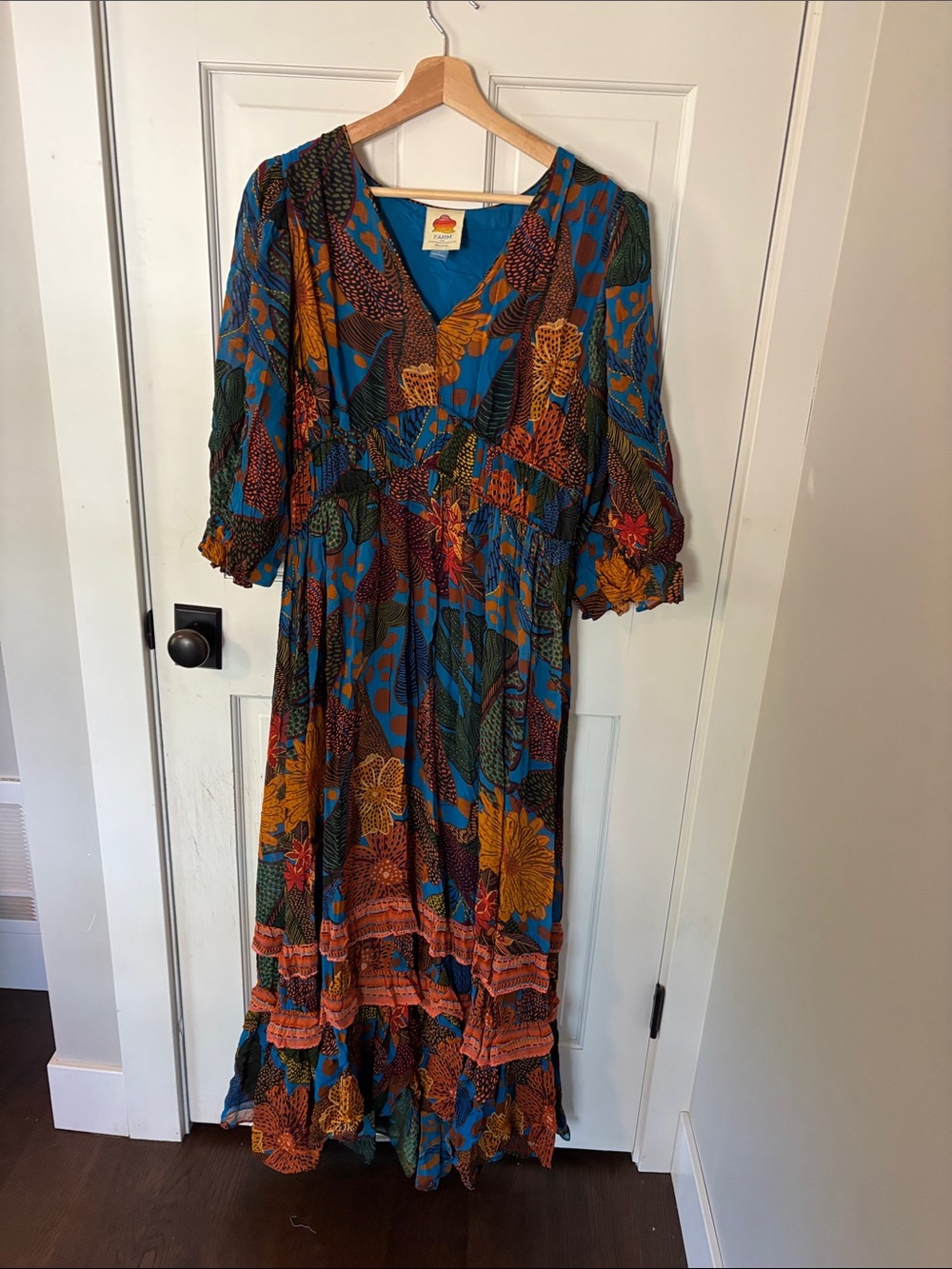 FARM Rio Teal Maxi Dress with Mustard & Rust Floral Print